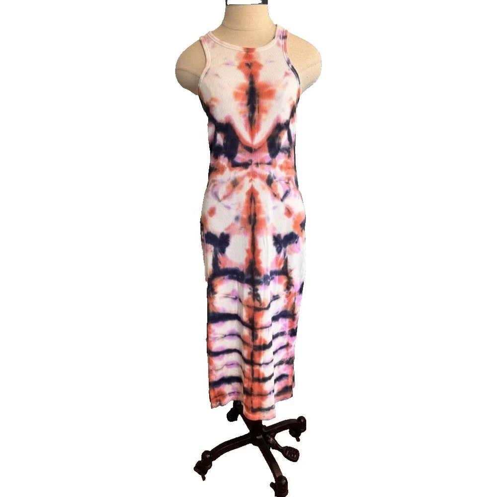 YFB Tie Dye Ribbed Midi Tank Dress Womens S Racerback Bodycon White Blue Pink